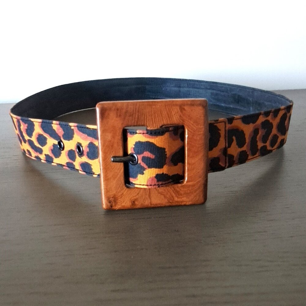 Yves Saint Laurent Rive Gauche Belt Leopard Print Wood Buckle France Rare VTG